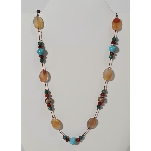 Agate Freshwater Pearl Carnelian Turquoise Bead Sterling Silver Toggle Necklace - Picture 5 of 6